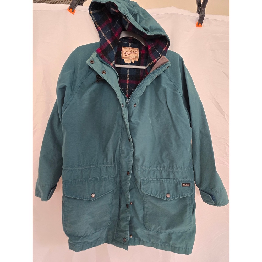 Vintage Woolrich Mens Teal Plaid Lined Hooded‎ Parka Jacket Size Medium Rugged